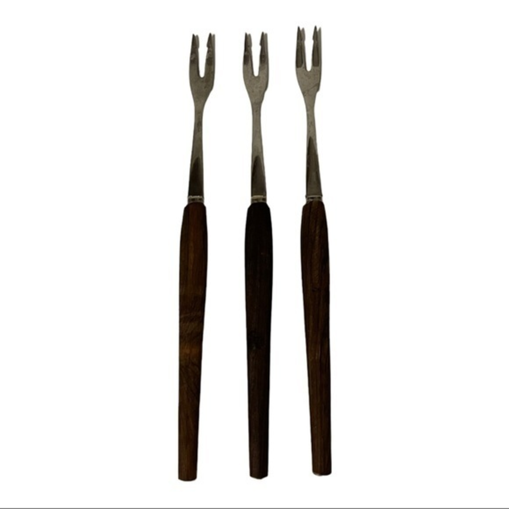 VINTAGE MCM ROSTFREI STAINLESS STEEL‎ FONDUE FORKS TEAK WOOD HANDLES cottage